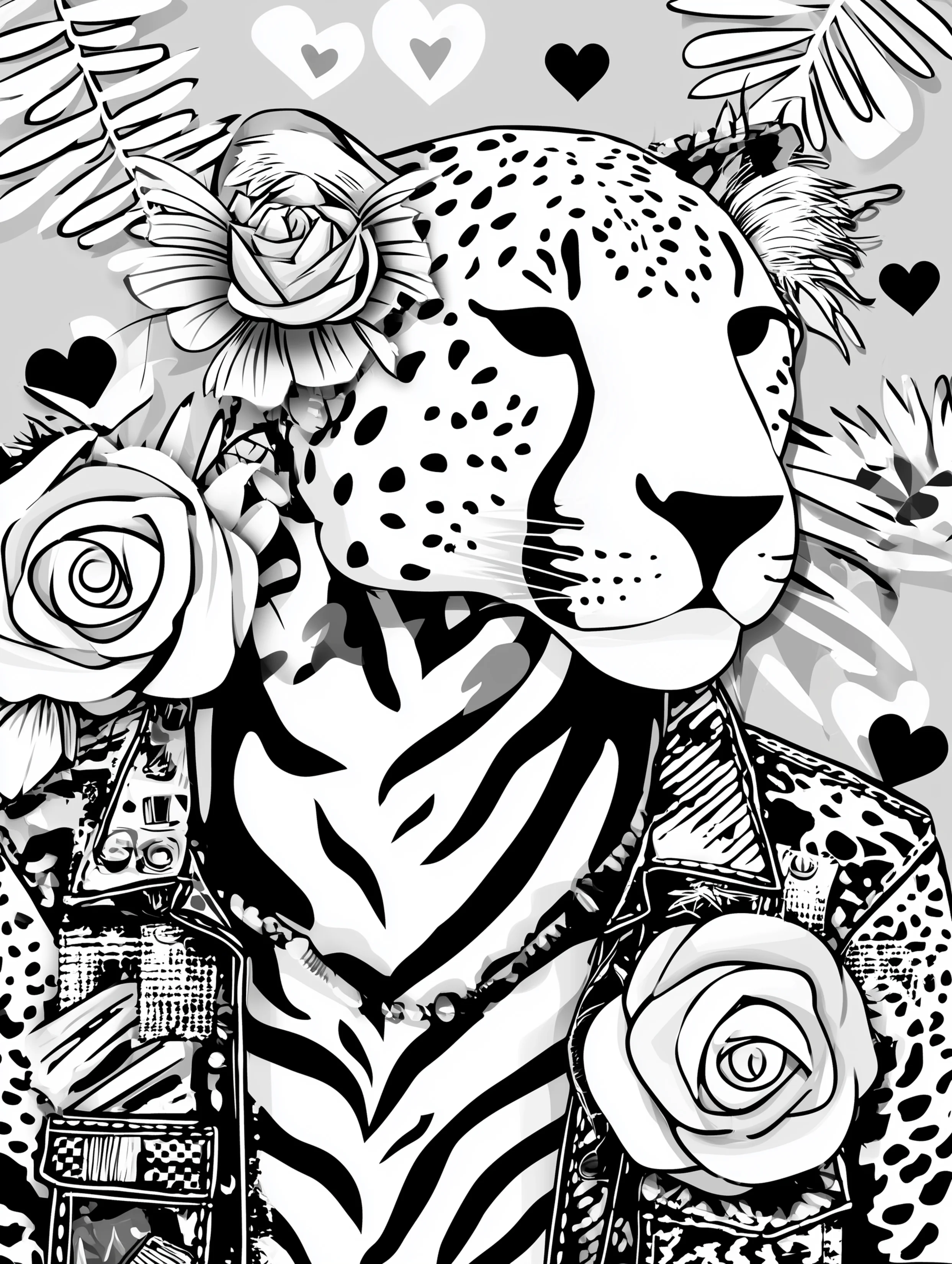 Free cheetah printable coloring page featuring a high fashion cheetah wearing a jacket